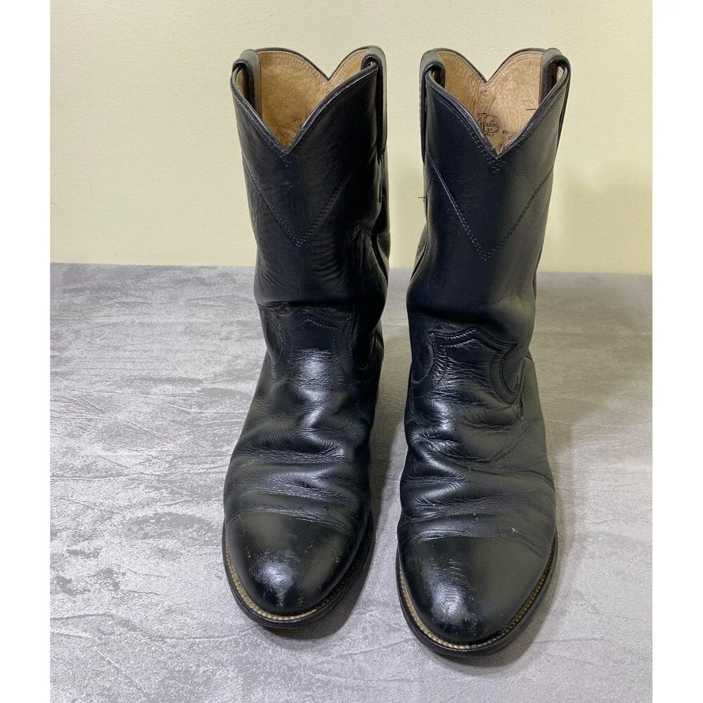 Vintage Justin 3133 Boots Mens Size 8D Black Leather Western Roper Cowboy Ranch
